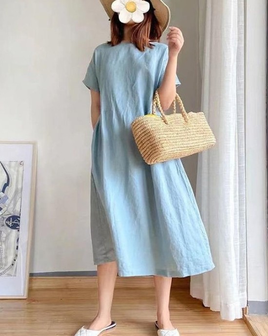 Casual Loose Solid Color Round-Neck Midi Dresses