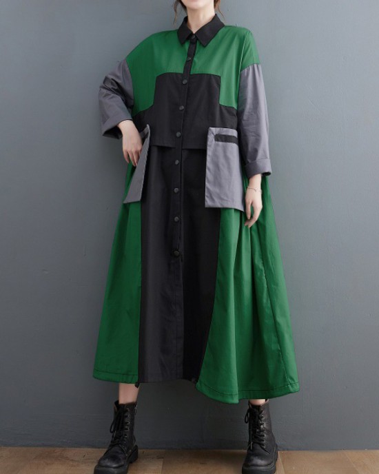 Vintage Loose Long Sleeves Contrast Color Polo Midi Dresses