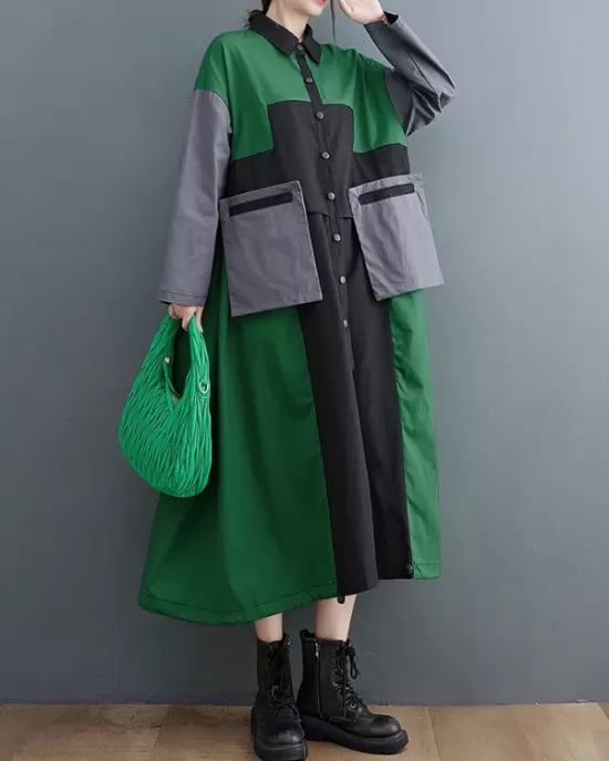 Vintage Loose Long Sleeves Contrast Color Polo Midi Dresses