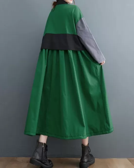 Vintage Loose Long Sleeves Contrast Color Polo Midi Dresses