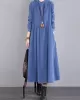 Vintage Corduroy Long Sleeves A-Line Embroidered Solid Round-Neck Midi Dresses