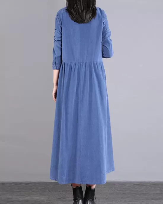 Vintage Corduroy Long Sleeves A-Line Embroidered Solid Round-Neck Midi Dresses