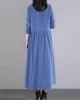 Vintage Corduroy Long Sleeves A-Line Embroidered Solid Round-Neck Midi Dresses