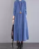 Vintage Corduroy Long Sleeves A-Line Embroidered Solid Round-Neck Midi Dresses