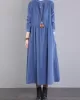 Vintage Corduroy Long Sleeves A-Line Embroidered Solid Round-Neck Midi Dresses