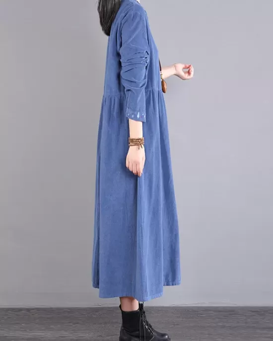 Vintage Corduroy Long Sleeves A-Line Embroidered Solid Round-Neck Midi Dresses