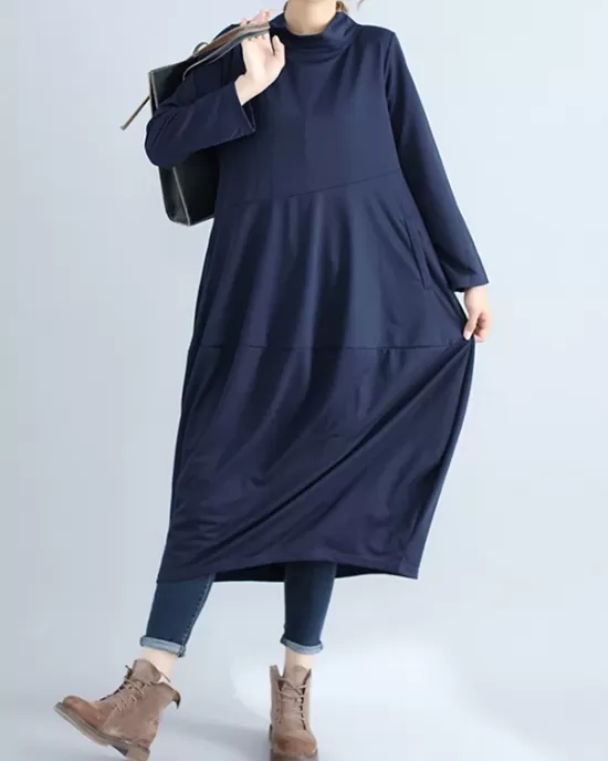 Casual Loose Plus Size Solid Color Hooded Midi Dresses