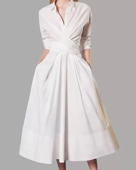 Stylish A-Line Long Sleeves Pleated Solid Color Lapel Midi Dresses