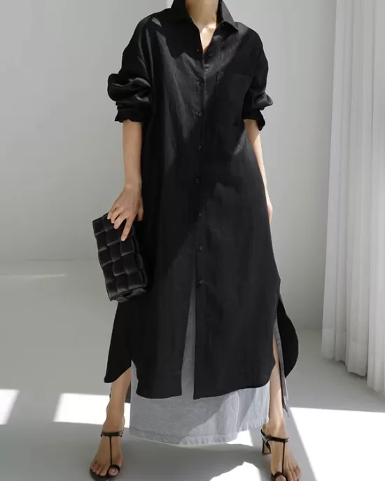 Simple Long Sleeves Split-Side Solid Color Lapel Midi Dresses Shirt Dress