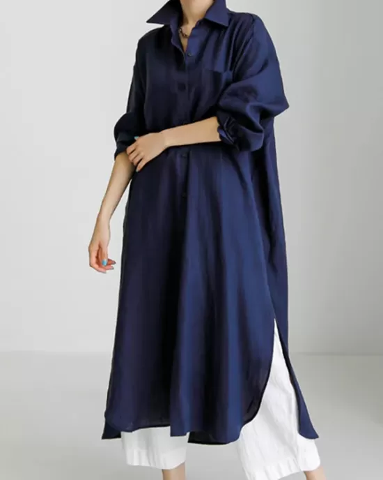 Simple Long Sleeves Split-Side Solid Color Lapel Midi Dresses Shirt Dress