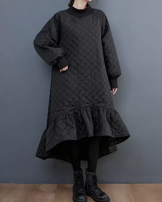 Casual Long Sleeves A-Line Rhombic Falbala High-Neck Midi Dresses