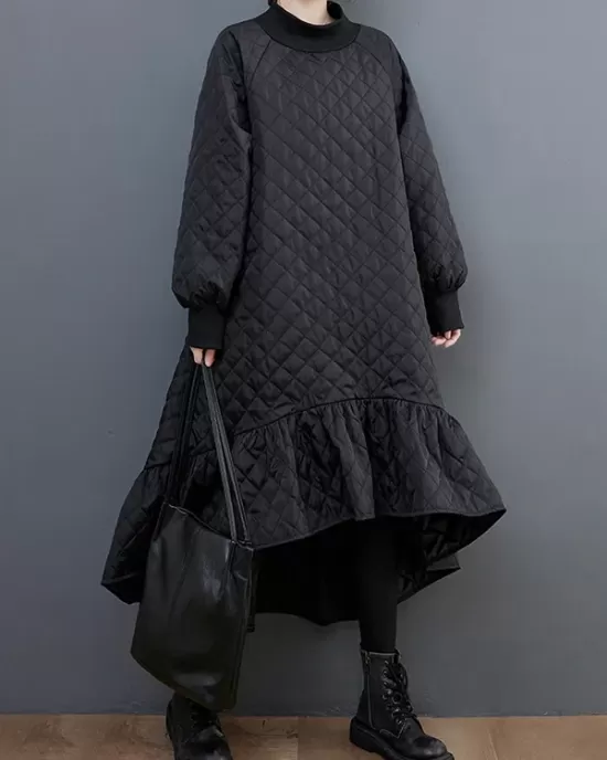 Casual Long Sleeves A-Line Rhombic Falbala High-Neck Midi Dresses