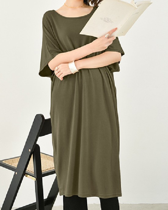 Casual Batwing Half Sleeves Solid Color Round-Neck Midi Dresses