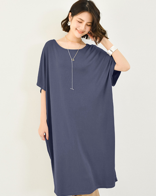 Casual Batwing Half Sleeves Solid Color Round-Neck Midi Dresses