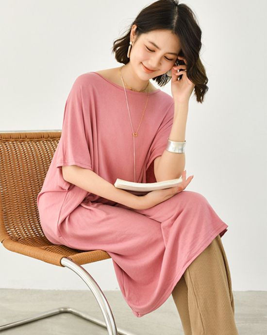 Casual Batwing Half Sleeves Solid Color Round-Neck Midi Dresses