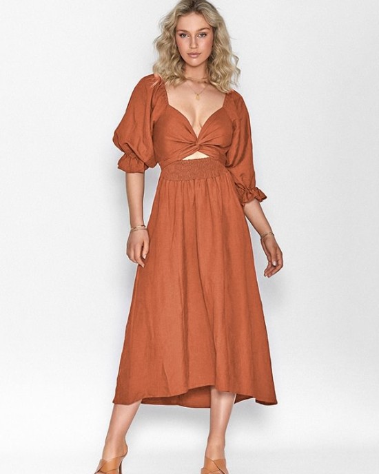 Original A-Line Loose Hollow Solid Color V-Neck Midi Dresses