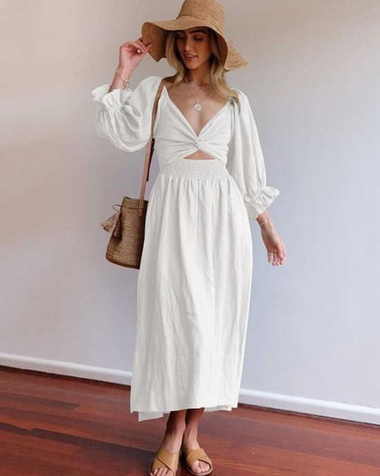 Original A-Line Loose Hollow Solid Color V-Neck Midi Dresses