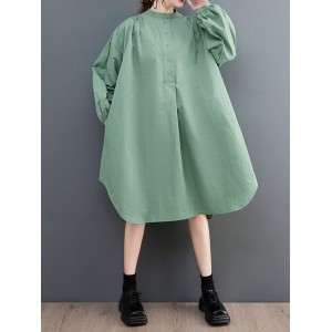 Loose Puff Sleeves Solid Color Stand Collar Midi Dresses