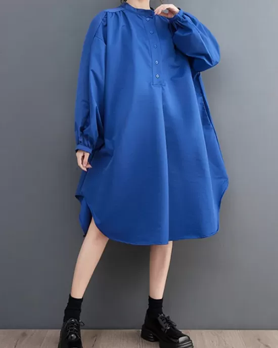 Loose Puff Sleeves Solid Color Stand Collar Midi Dresses