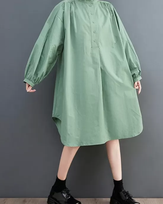 Loose Puff Sleeves Solid Color Stand Collar Midi Dresses