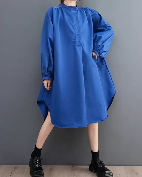 Loose Puff Sleeves Solid Color Stand Collar Midi Dresses