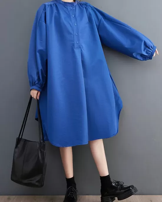 Loose Puff Sleeves Solid Color Stand Collar Midi Dresses