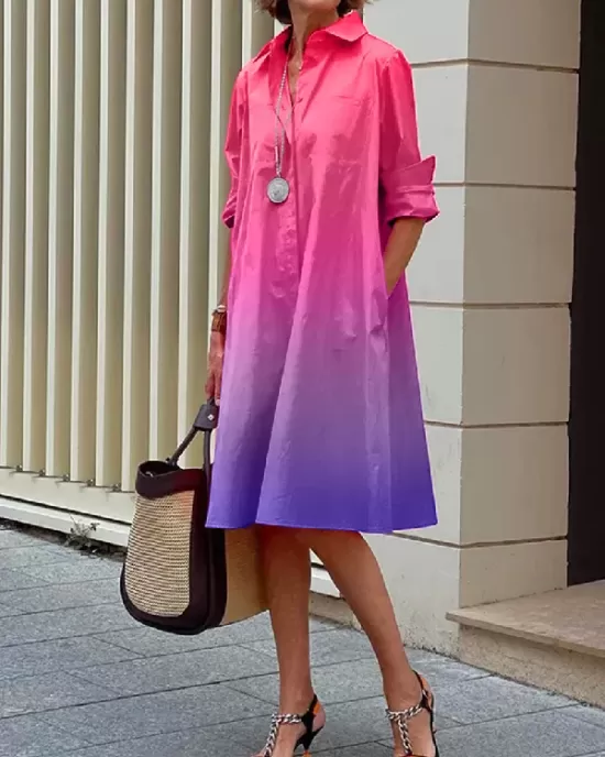 Long Sleeves Gradient Lapel Midi Dresses