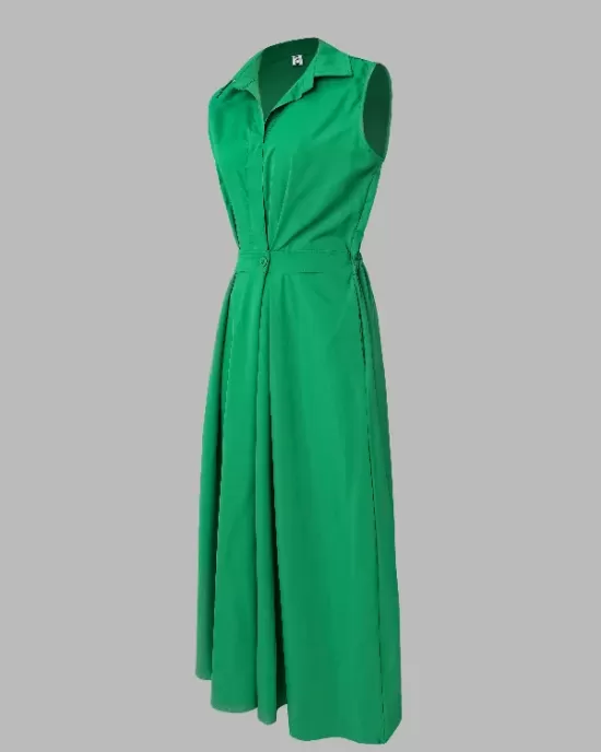 Sleeveless Solid Color Lapel Midi Dresses