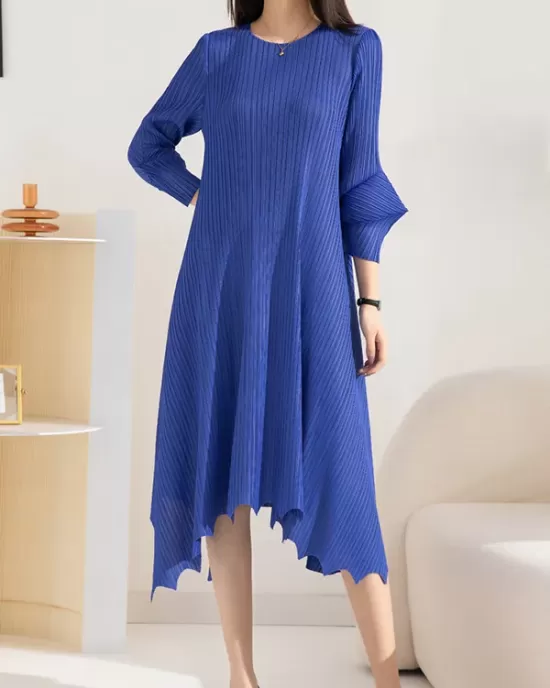 Pleated Solid Color Irregular clipping Loose Round-neck Midi Dresses