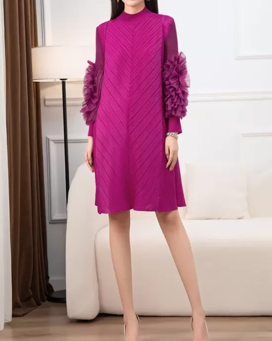 Embroidered Pleated Solid Color Long Sleeves Loose Round-neck Midi Dresses