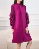 Embroidered Pleated Solid Color Long Sleeves Loose Round-neck Midi Dresses