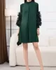 Embroidered Pleated Solid Color Long Sleeves Loose Round-neck Midi Dresses