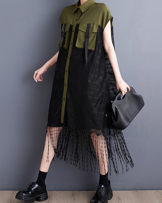 Gauze Pockets Split-Joint Tasseled Short Sleeves Lapel Midi Dresses