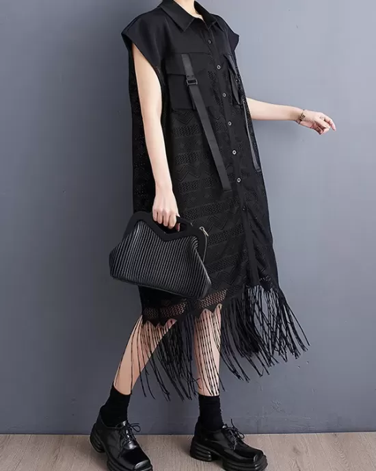 Gauze Pockets Split-Joint Tasseled Short Sleeves Lapel Midi Dresses