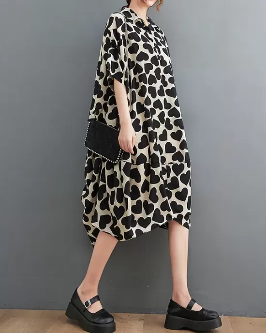 Heart Print Batwing Sleeves Irregular clipping Lapel Midi Dresses