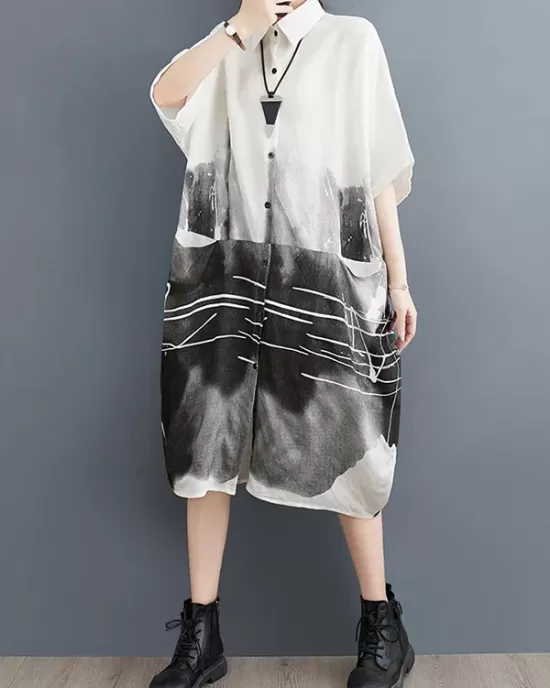 Printed Half Sleeves Loose Lapel Midi Dresses