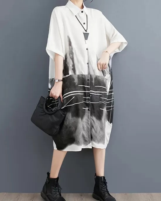 Printed Half Sleeves Loose Lapel Midi Dresses