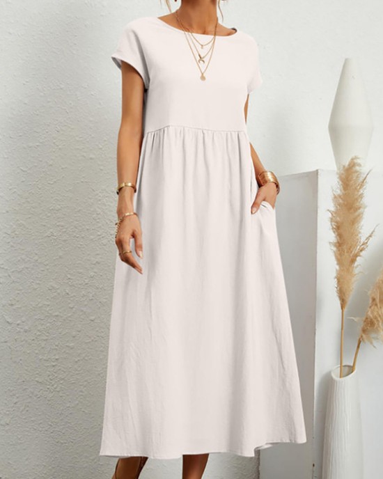 Pleated Solid Color Loose Short Sleeves Round-Neck Midi Dresses