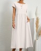 Pleated Solid Color Loose Short Sleeves Round-Neck Midi Dresses