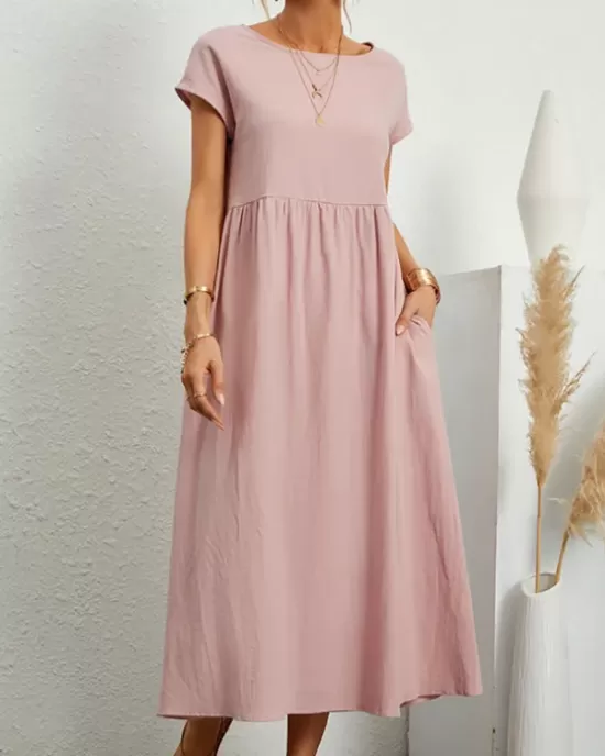 Pleated Solid Color Loose Short Sleeves Round-Neck Midi Dresses