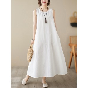 Solid Color Loose Sleeveless Round-Neck Midi Dresses