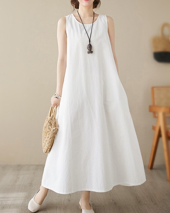 Solid Color Loose Sleeveless Round-Neck Midi Dresses