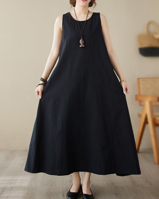 Solid Color Loose Sleeveless Round-Neck Midi Dresses