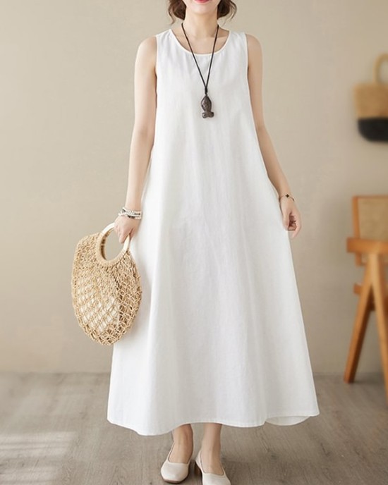 Solid Color Loose Sleeveless Round-Neck Midi Dresses