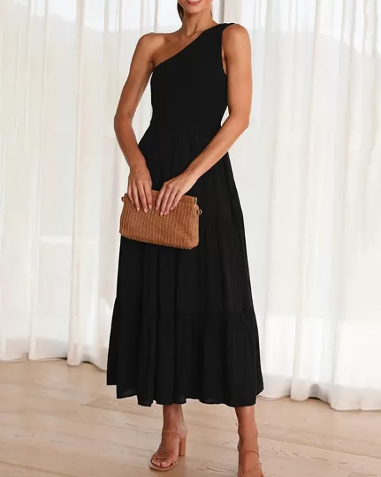 Pleated Solid Color Loose One-shoulder Midi Dresses