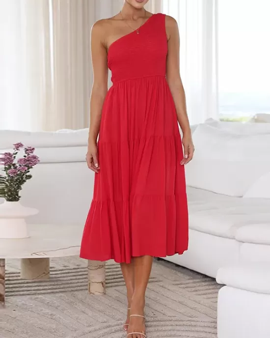 Pleated Solid Color Loose One-shoulder Midi Dresses