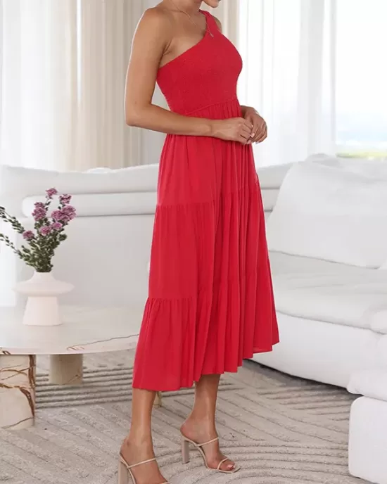 Pleated Solid Color Loose One-shoulder Midi Dresses