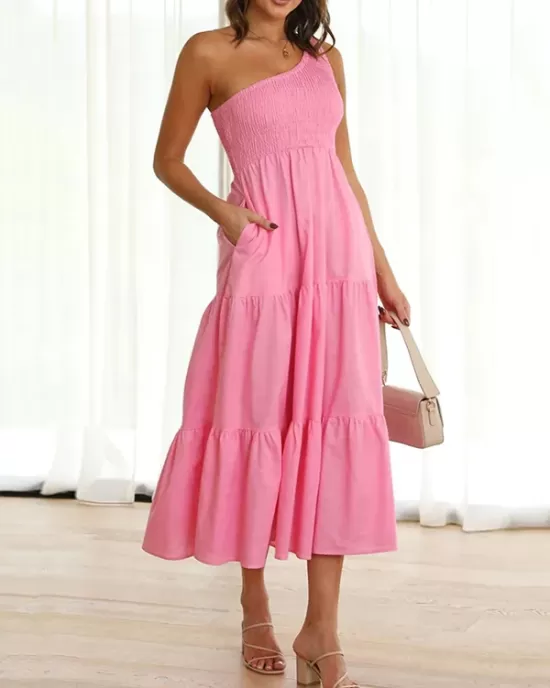 Pleated Solid Color Loose One-shoulder Midi Dresses