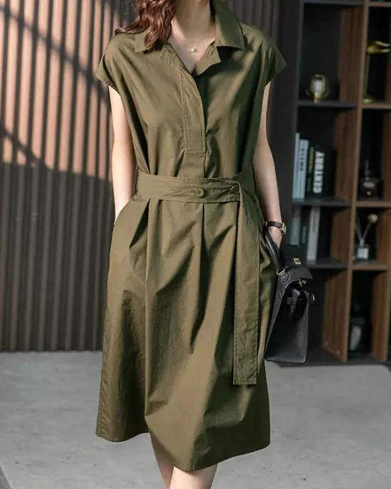 Bandage Solid Color Plus Size Short Sleeves Lapel Midi Dresses