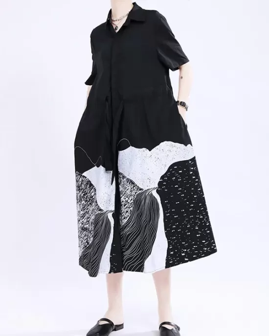 Contrast Color Drawstring Printed Tied Waist Loose Short Sleeves Lapel Shirt Dress Midi Dresses